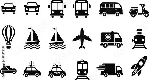 Collection of black transportation and vehicle on white background automobile scooter