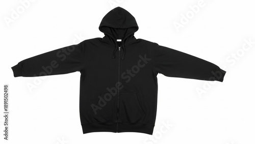 Classic Black Zip-Up Hoodie with Open Arms Isolated on a White Background
