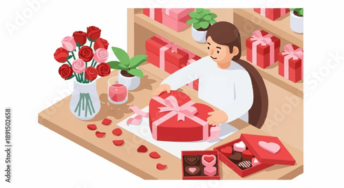 Woman wrapping gift box with ribbon on table with flowers.