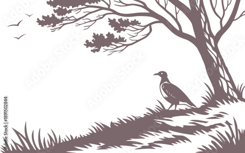 A cute cartoon vector illustration of a wild bird with colorful wings and a small beak perched on a spring tree branch with flowers in a nature wildlife design