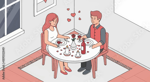 Couple having a romantic dinner together at home with wine and flowers.