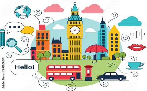 London cityscape with iconic landmarks and communication Big Ben red bus black cab