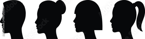 Four black silhouette profiles of diverse hairstyles and genders head face human