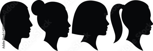 Four black silhouette profiles of diverse people facing right on white background