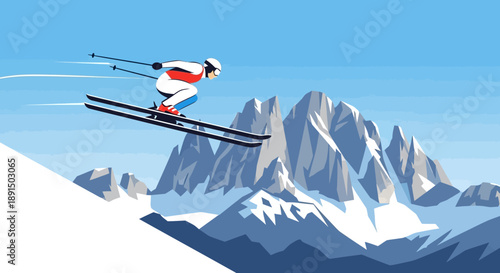 This flat design illustration captures the exhilarating spirit of alpine skiing, showcasing a dynamic athlete against the stunning backdrop of the Dolomites for the Milano-Cortina 2026 Winter Olympics