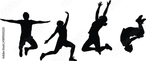 Four black silhouettes of people jumping and performing acrobatic moves action movement