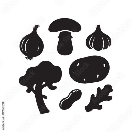 Black Silhouette Collection of Fresh Vegetables Mushroom Onion Garlic Ginger and Potato. 