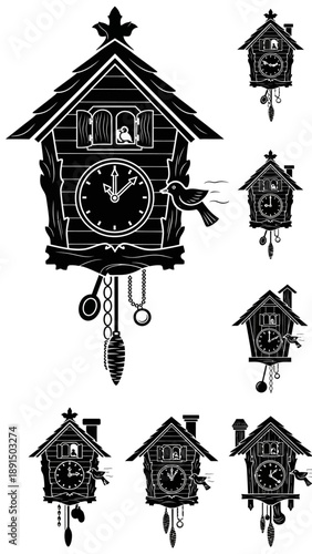 Black Silhouette Cuckoo Clocks Collection, Vintage Style, Isolated on White Background