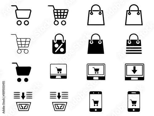 Collection of black shopping cart and bag icons in various styles