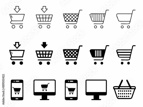Collection of diverse shopping cart and mobile commerce icons in black
