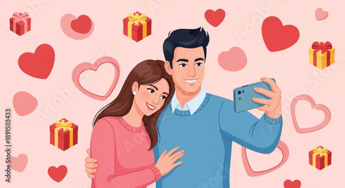Happy cartoon couple taking selfie surrounded by hearts and gifts.