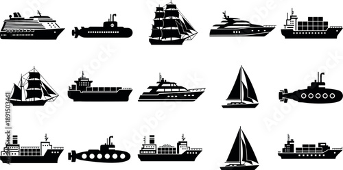 Collection of black boat and ship icons featuring submarine yacht sailboat and tanker silhouettes for nautical transportation vector design elements