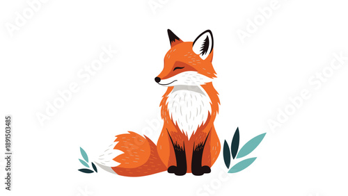 Beautiful vector illustration of a red fox sitting calmly with its tail wrapped around its feet and small green leaves nearby.