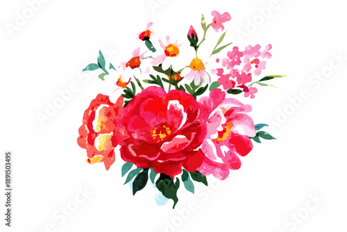 Watercolor floral arrangement featuring red roses and delicate wildflowers