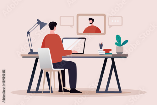 Man participating in a virtual meeting while working from a home office