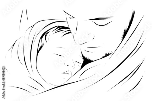 A tender sketch depicts a mother cradling and embracing her sleeping baby