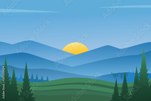 A stylized landscape depicts mountains a rising sun and green fields