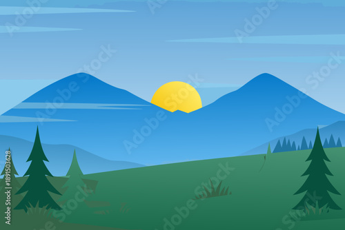 A simplified landscape illustration featuring mountains sun and evergreen trees