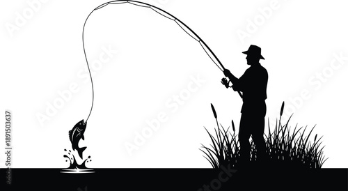 Silhouette of fisherman reeling in jumping fish from water with reeds fishing