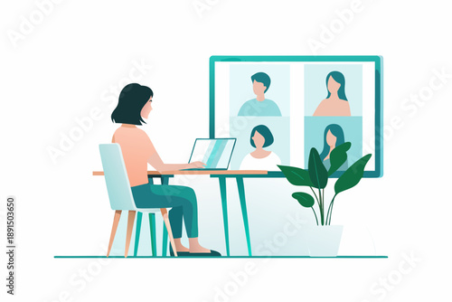 Woman participating in a virtual meeting with colleagues on a laptop