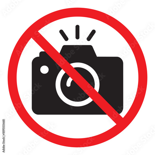 No photography allowed sign. A black camera with flash icon inside a red strike-through circle. Warning symbol for museums, private galleries, or restricted high-security areas.