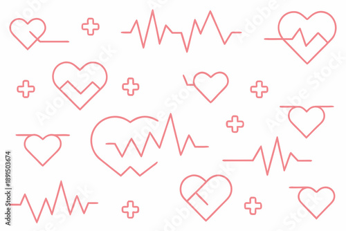 Medical hearts and electrocardiogram lines in a repeating pattern