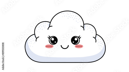 Cute cartoon fluffy cloud character with a happy smiling face and big sparkling eyes in a simple black and white line art style.
