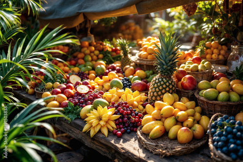 Abundant tropical fruit stall overflowing with colorful, fresh produce under natural light