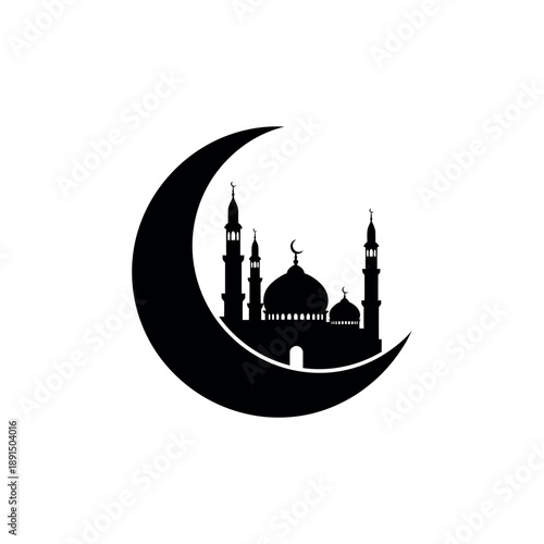 Elegant mosque silhouette on crescent moon background