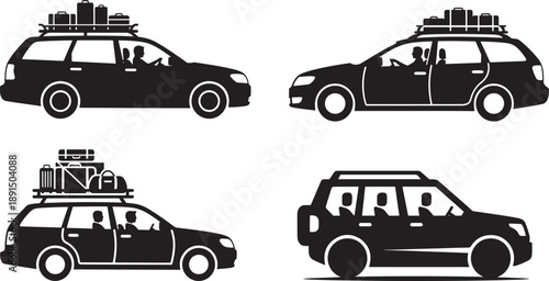 Collection of four car icons with luggage on roof racks, symbolizing travel, road trips, and vacations