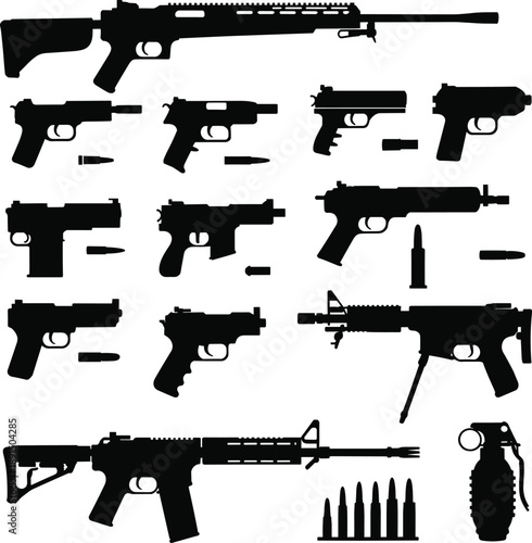 Military firearms silhouette icon set, assault rifles pistols ammunition grenade, weapon collection illustration, tactical army equipment isolated design