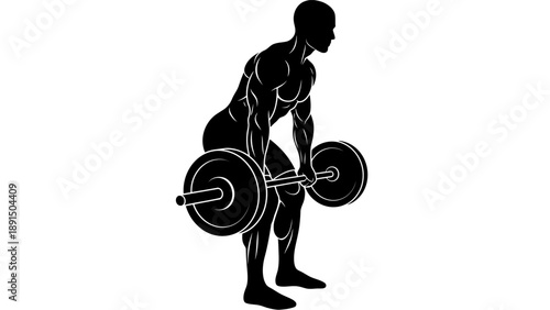 Silhouette of a man lifting heavy barbell weight for strength training.