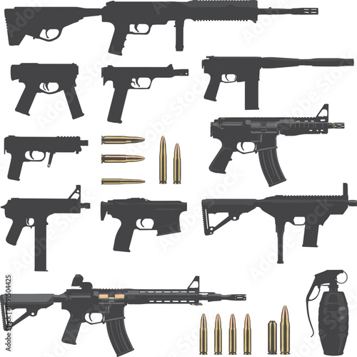 Military firearms silhouette icon set, assault rifles pistols ammunition grenade, weapon collection illustration, tactical army equipment isolated design