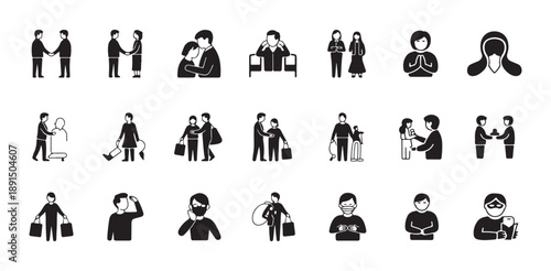 Social interaction icons depicting people greeting hugging shopping and praying in black silhouette
