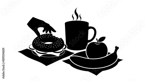 Silhouette of a Healthy Breakfast with Fruit and Coffee.