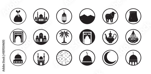 Islamic religious icons with mosque silhouettes lantern designs and crescent moon for ramadan art