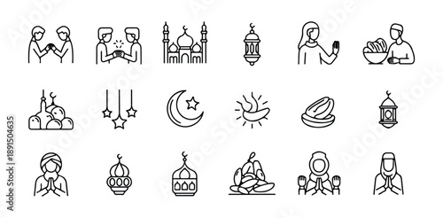 Ramadan line icons set featuring praying people mosque lantern and dates for islamic celebrations