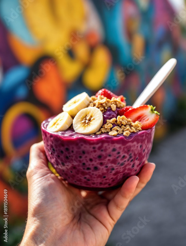 Hand holding a vibrant acai bowl topped with fresh fruit and granola against a colorful mural
