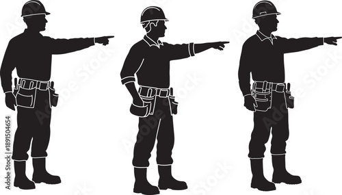 Silhouettes of three construction workers pointing in different directions, signifying guidance, instruction, or direction