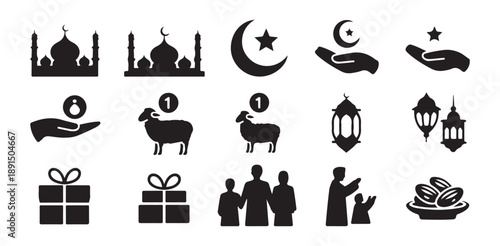 Eid al adha mubarak icons set, islam religion and traditional festival symbols