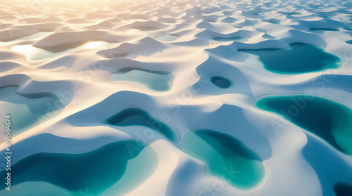 Aerial view of white sand dunes with turquoise lagoons under soft golden sunlight