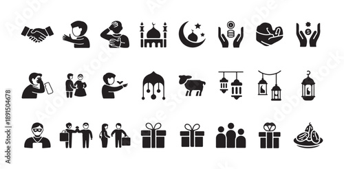 Set of islamic eid mubarak related icons, religion elements and people doing activities