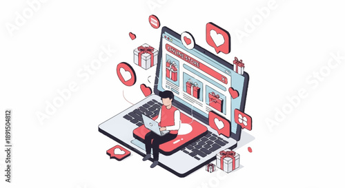 Isometric illustration of a laptop with social media icons and a person working on it.