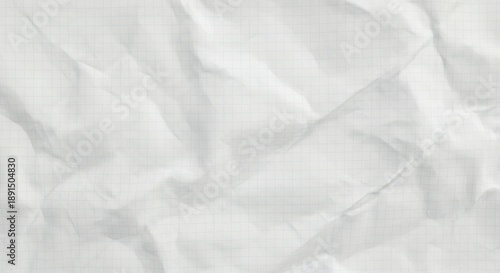 Crumpled white graph paper textured background with creases