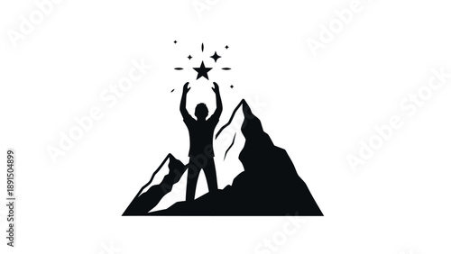 Silhouette of a person reaching for a star on a mountain peak.