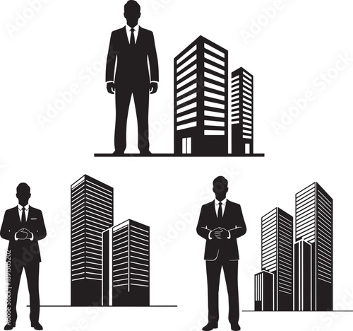 Real estate and business concept, silhouettes of men in suits standing in front of modern buildings, symbolizing growth and success.