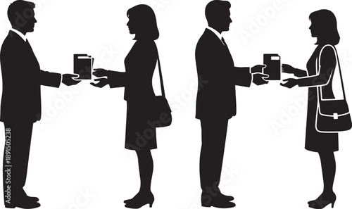 Business transaction silhouettes of men and women exchanging documents or books, representing exchange and communication.