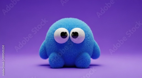 Cute blue furry monster with big eyes on purple background