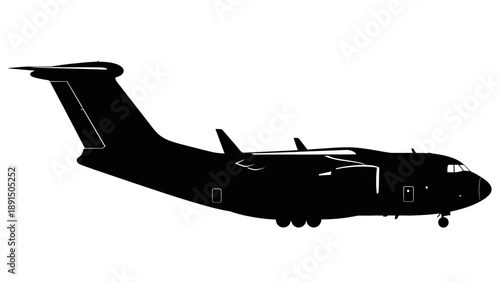 Silhouette of a Heavy Military Transport Aircraft Against White.