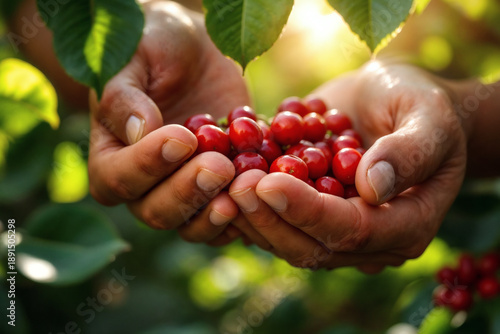 Hands holding freshly picked ripe red cherries in warm sunlight